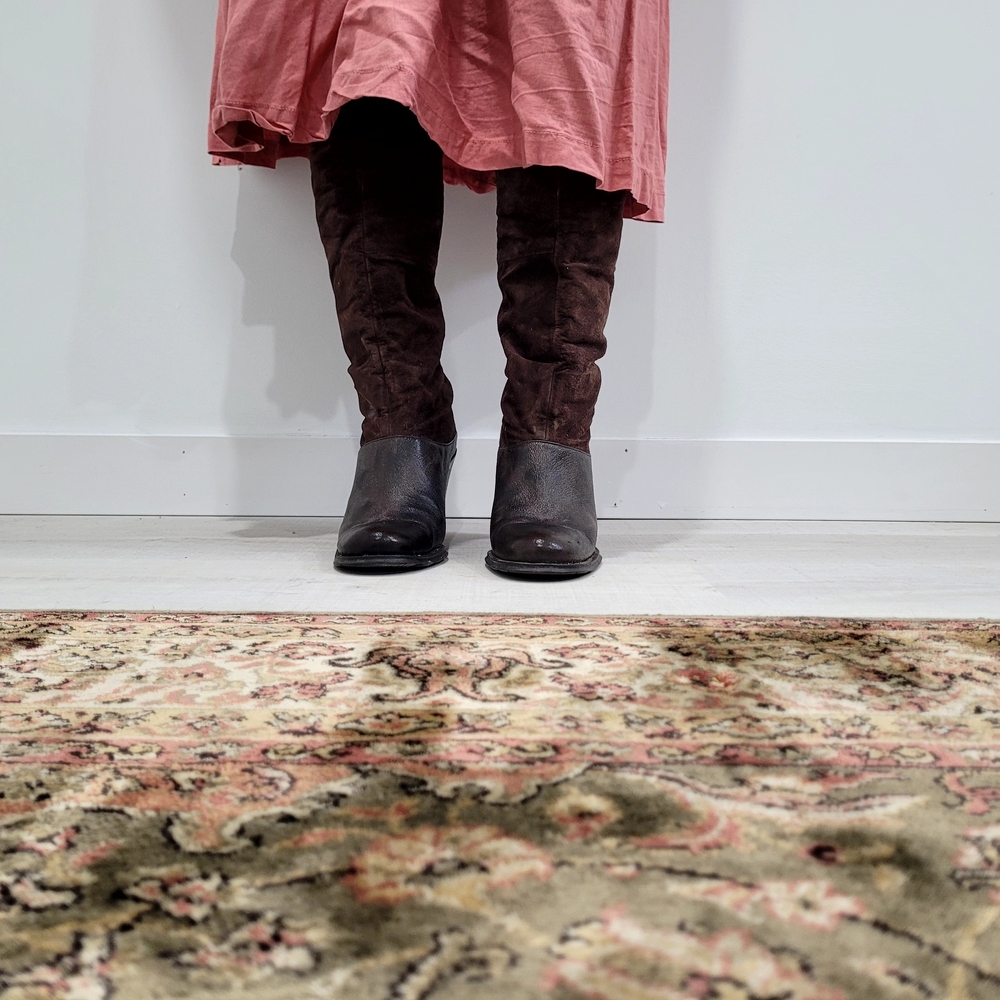 Women's Brown Suede & Leather Wood Heeled Boots - Picture 2 of 10